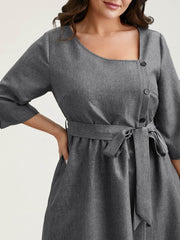 Asymmetrical Neckline Belted Pockets Midi Dress