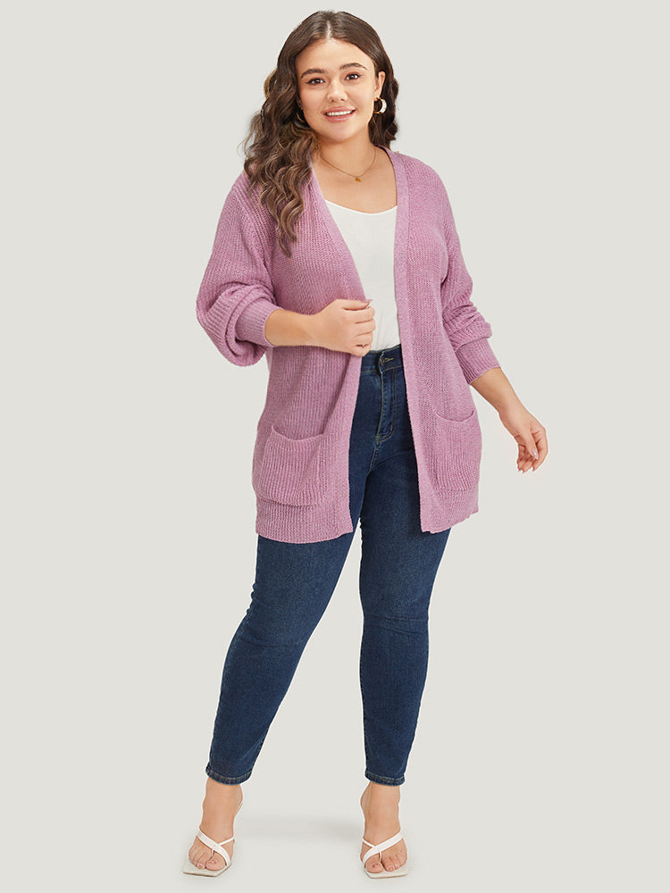 Solid Patched Pocket Lantern Sleeve Open Front Cardigan