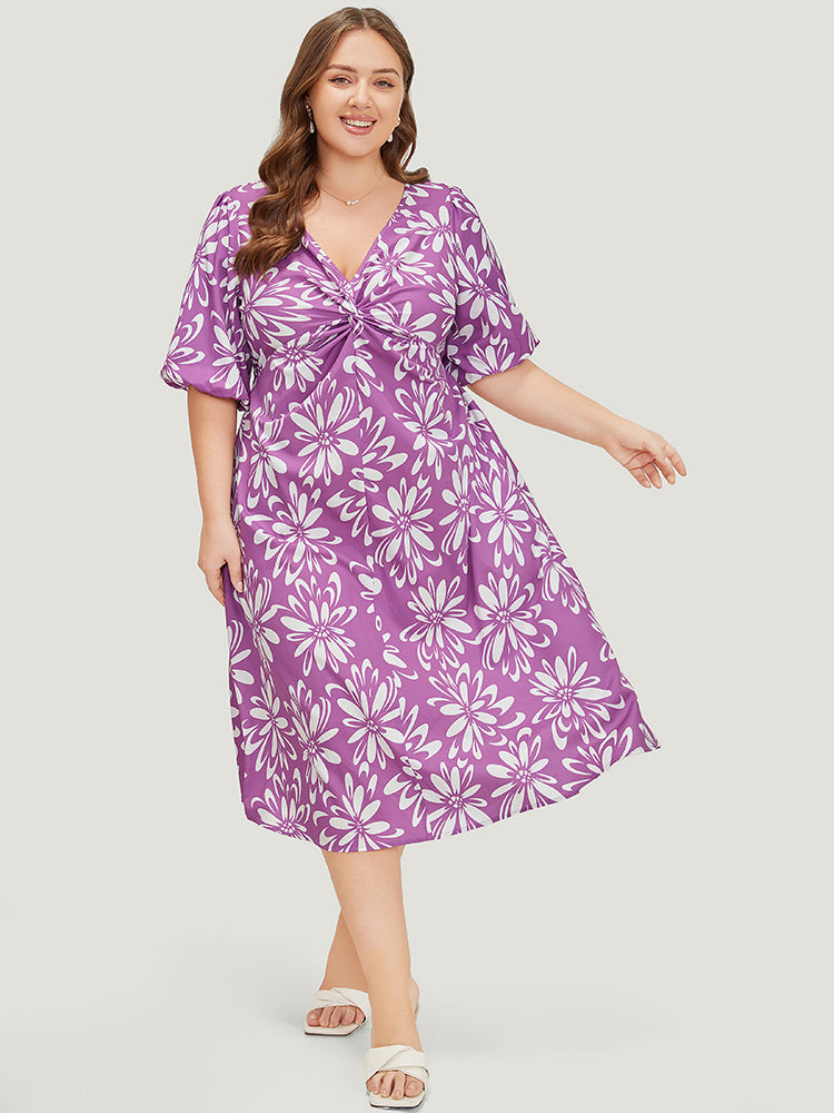 Floral Print Puff Sleeve Pocket Twist Front Dress