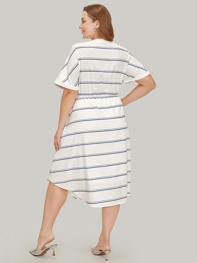 Striped Notched Neck Pocket Roll Batwing Sleeve Dress