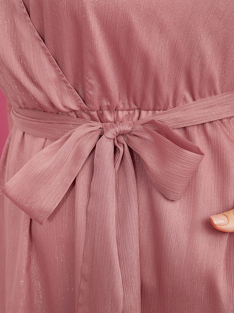 Solid Pocket Belted Surplice Neck Midi Dress