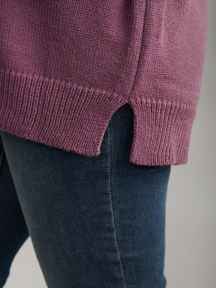 Solid Cable Knit V Neck Split Side Pullover