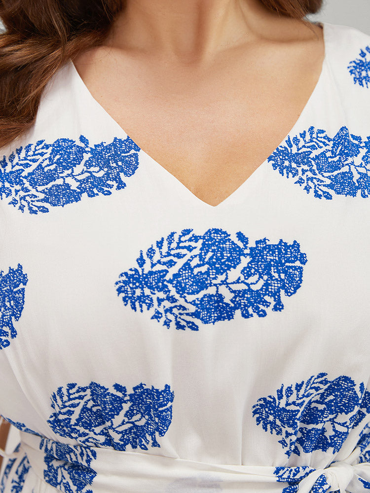 Floral Print Pocket Belted Ruffle Hem Knee Dress