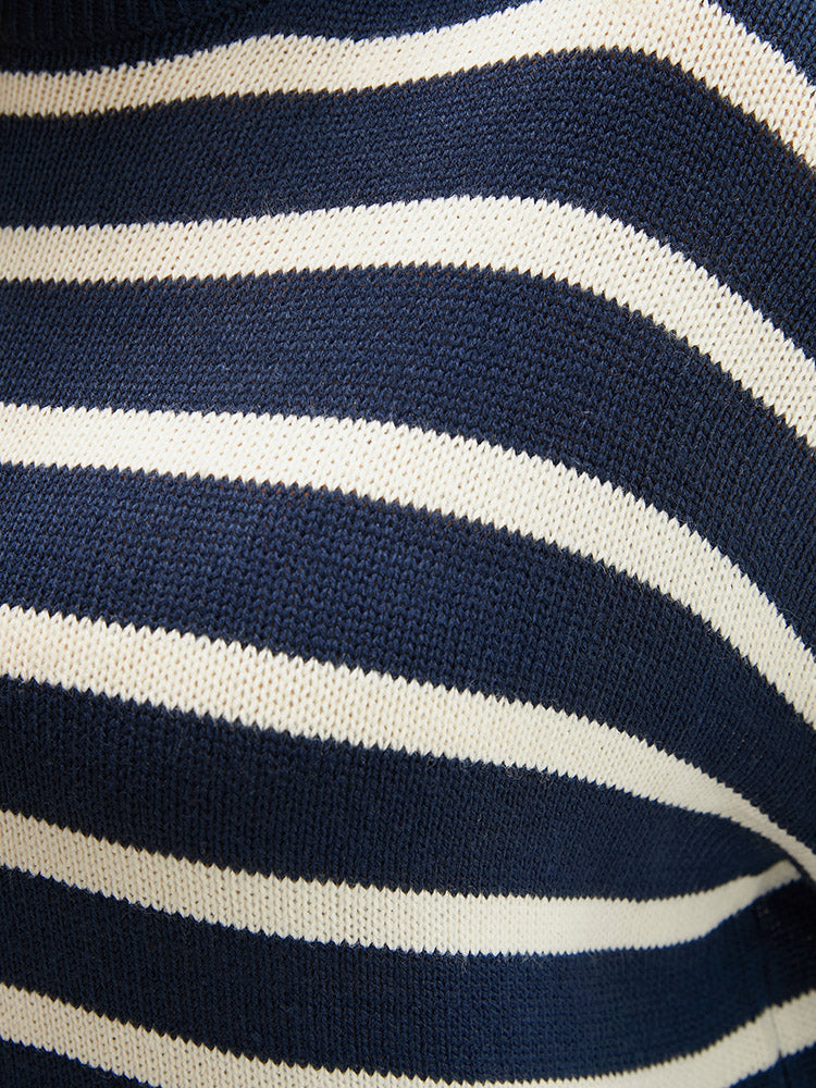 Striped Contrast Pointelle Knit Split Hem Mock Neck Knit Top