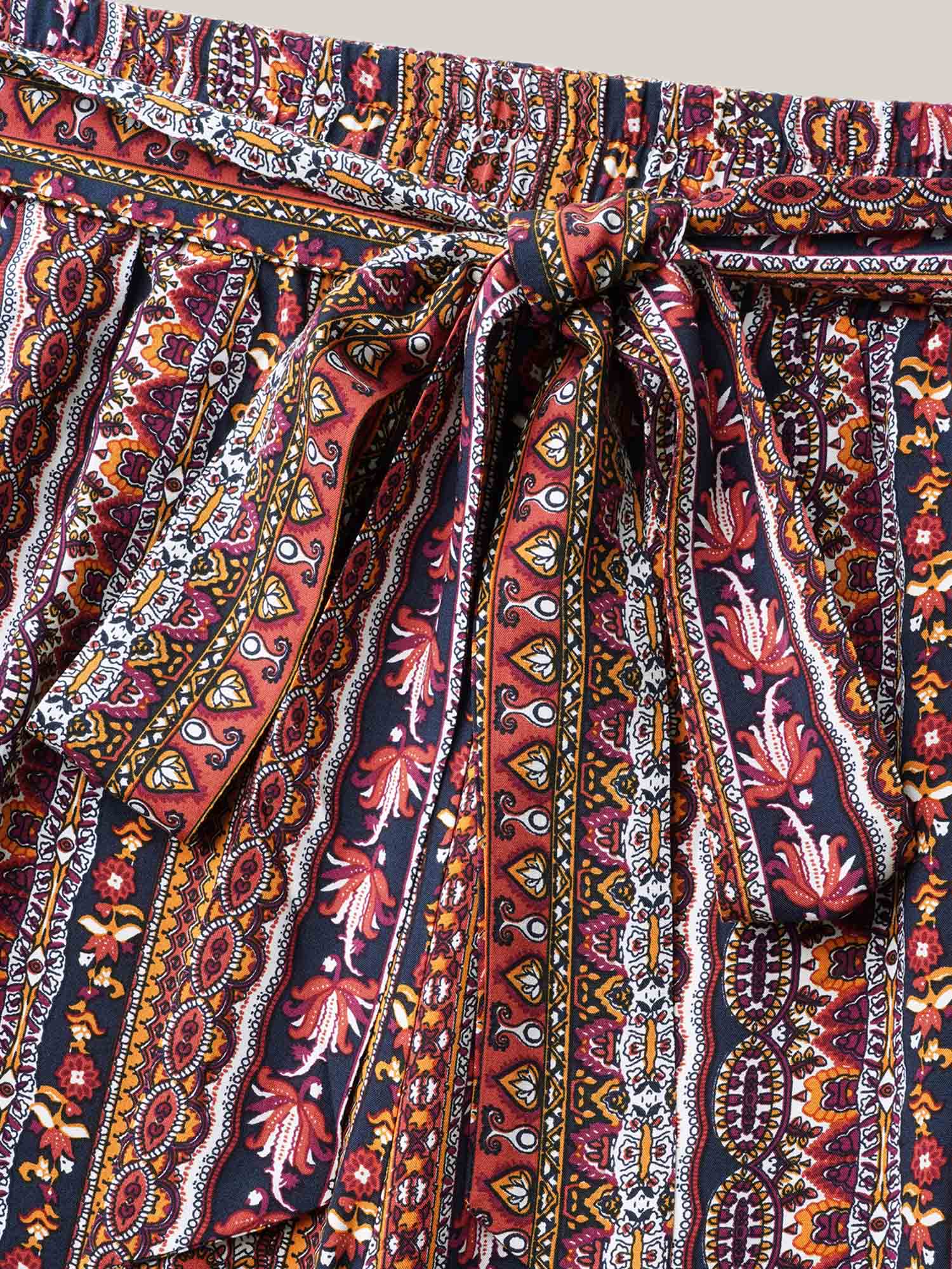 Boho Print Belted Flared Pants