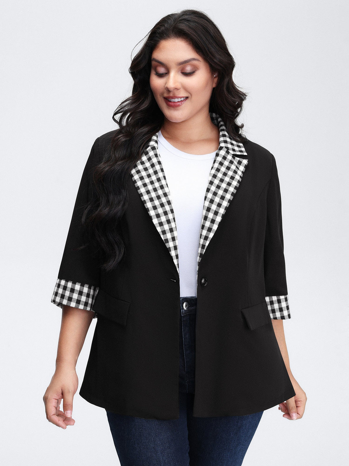 Checkered Contrast Button Blazer