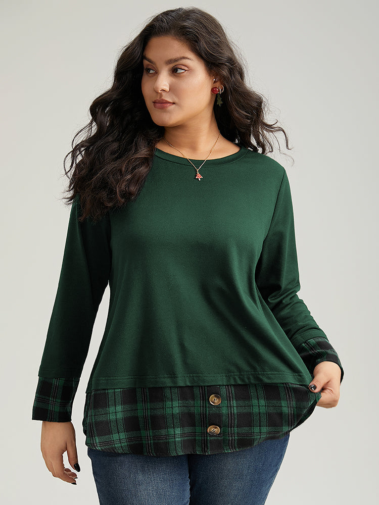 Plaid Patchwork Button Detail Curved Hem Sweatshirt