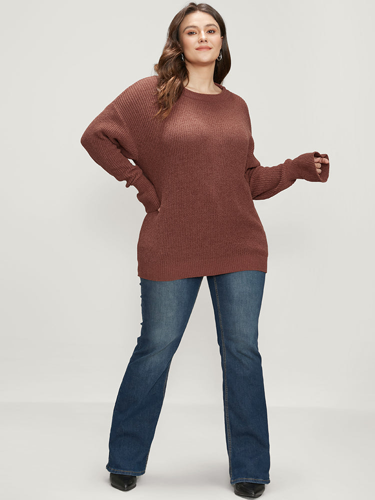 Solid Pointelle Knit Round Neck Bell Sleeve Knit Top