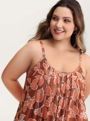 Floral Print Stretchy Mesh Pleated Tank Top