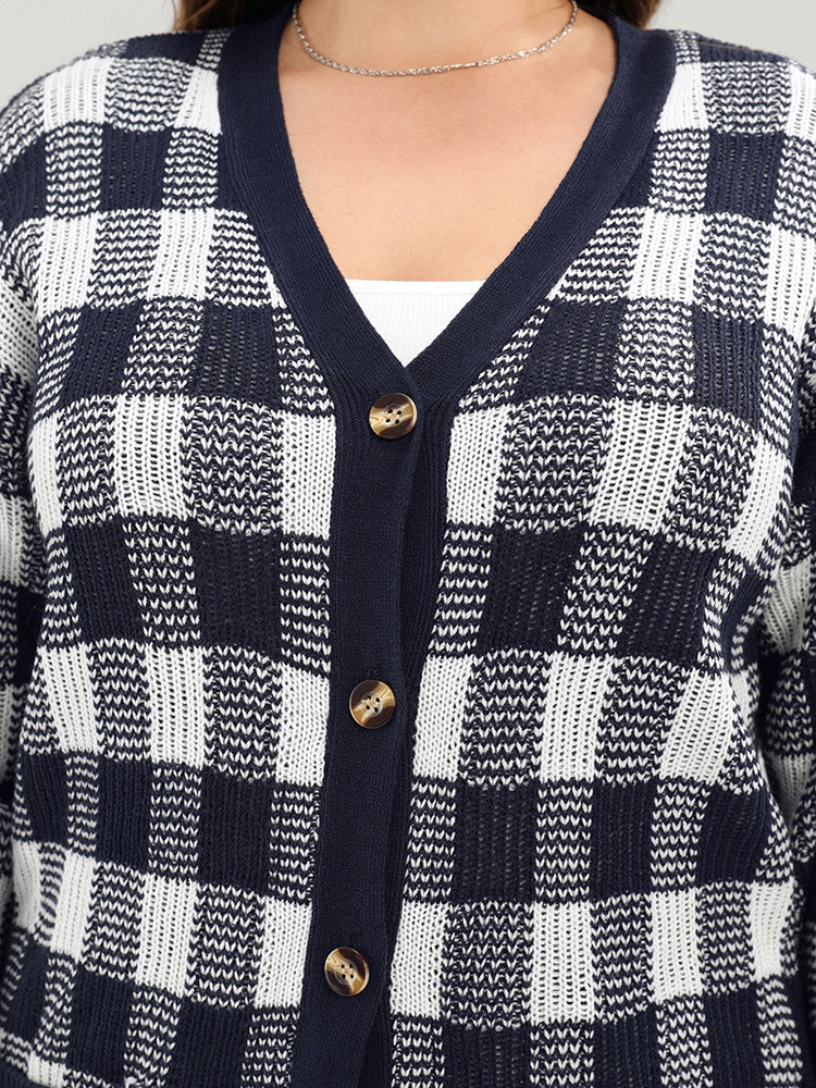Plaid Pointelle Knit Pocket Button Front Cardigan