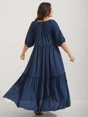 Shirred Neck Tie Tiered Puff Sleeve Dress