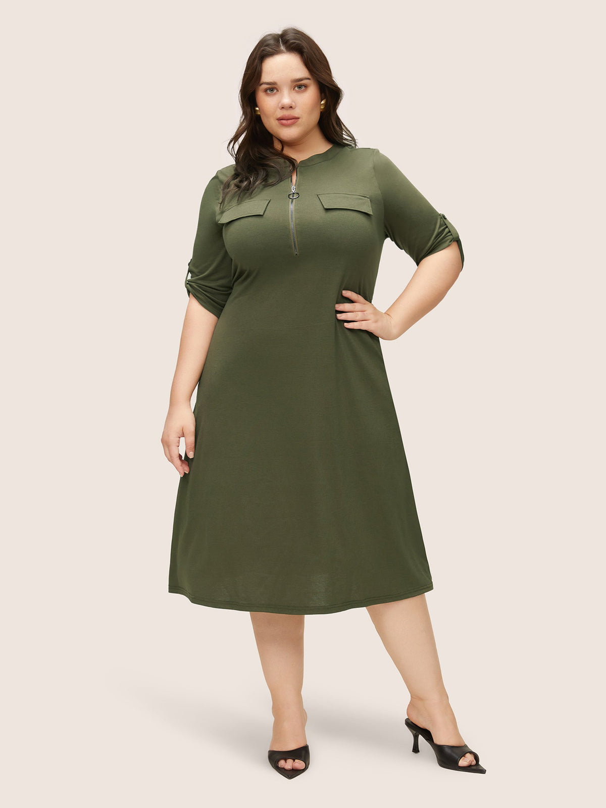 Plain Half Zip Flap Detail Tab Sleeve Dress