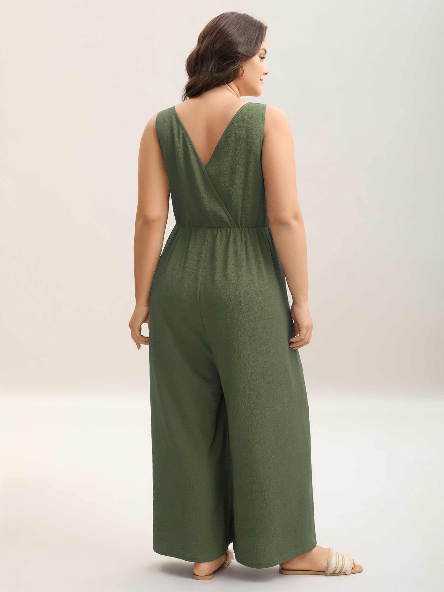 Shirred Pockets Wide-Leg Plain Jumpsuit