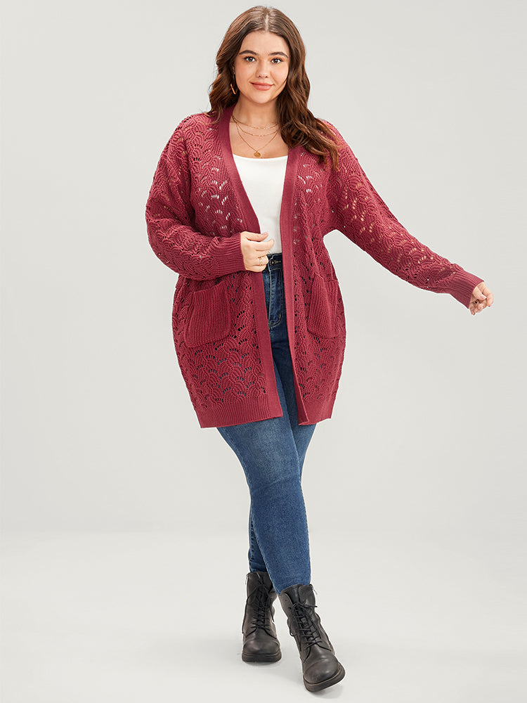 Plain Pointelle Knit Cut Out Pocket Open Front Mid Long Cardigan
