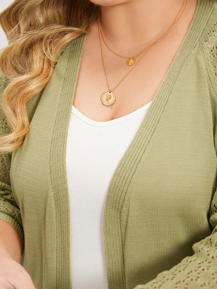 Solid Patched Pocket Geometric Eyelet Raglan Sleeve Cardigan