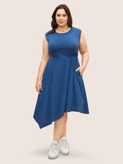 Solid Crew Neck Asymmetrical Hem Dress