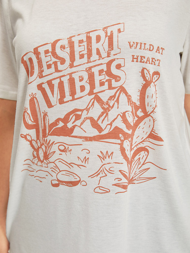 Cactus & Letter Print Crew Neck T-shirt