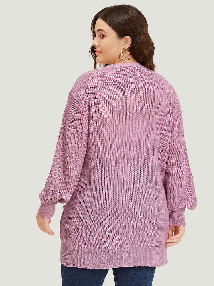 Solid Patched Pocket Lantern Sleeve Open Front Cardigan