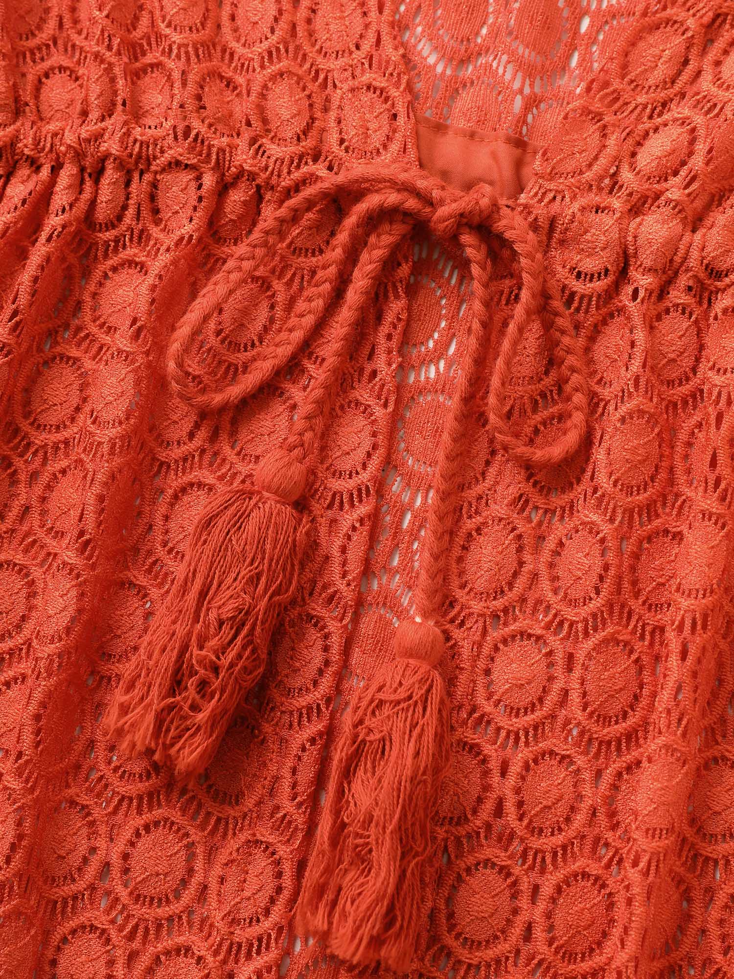 Solid Texture Tassels Drawstring Pompom Trim Cover Up