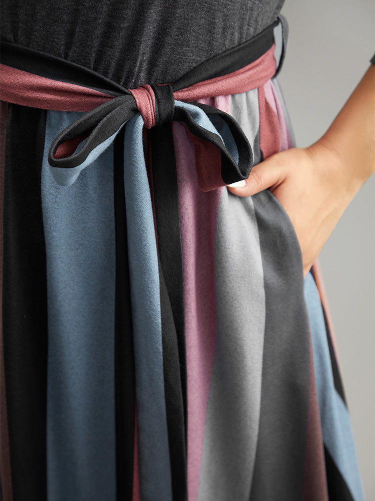 Striped Contrast Patchwork Belted Dress