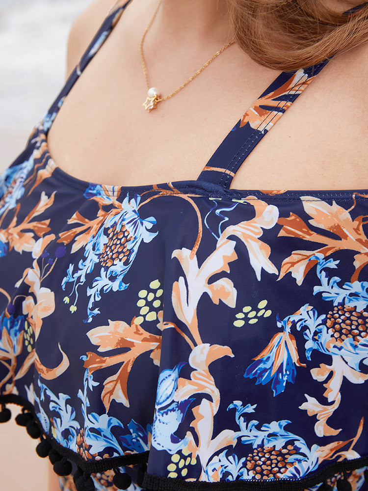 Floral Pompom Trim Cold Shoulder One Piece Swimsuit