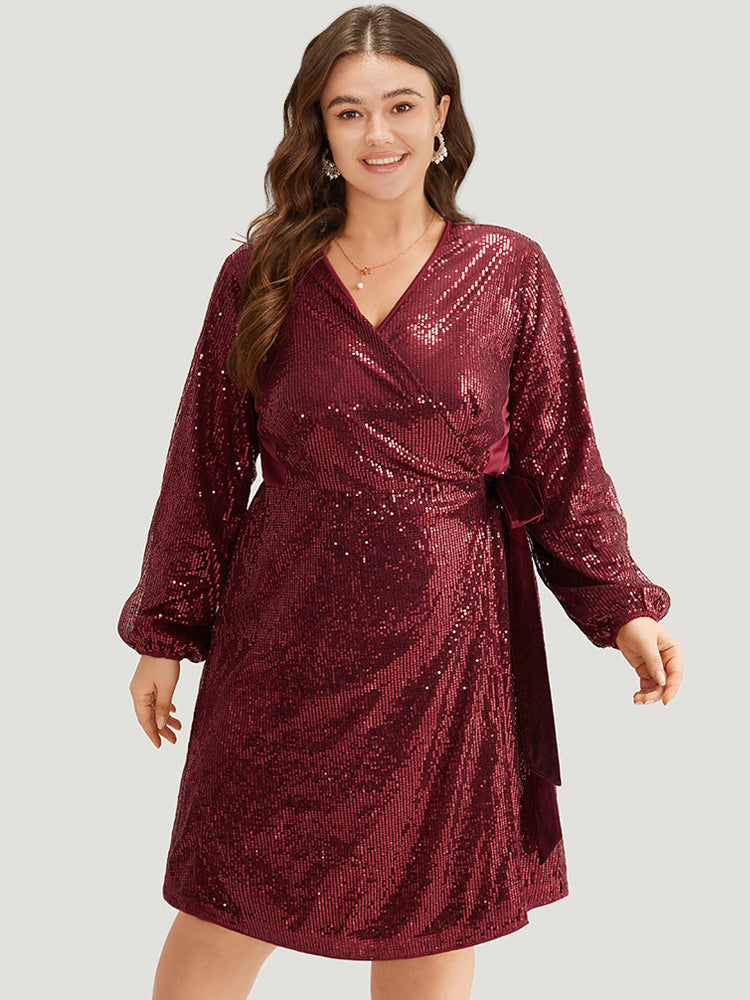 Sequin Ties Side Surplice Neck Lantern Sleeve Dress