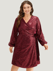 Sequin Ties Side Surplice Neck Lantern Sleeve Dress