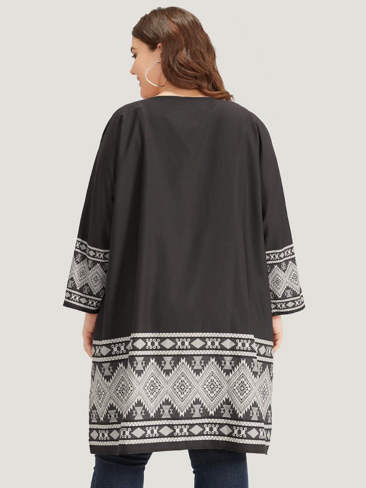 Boho Print Open Front Pocket Split Hem Kimono