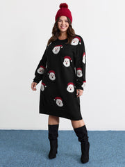 Santa Claus Print Embroidered Textured Sweater Dress
