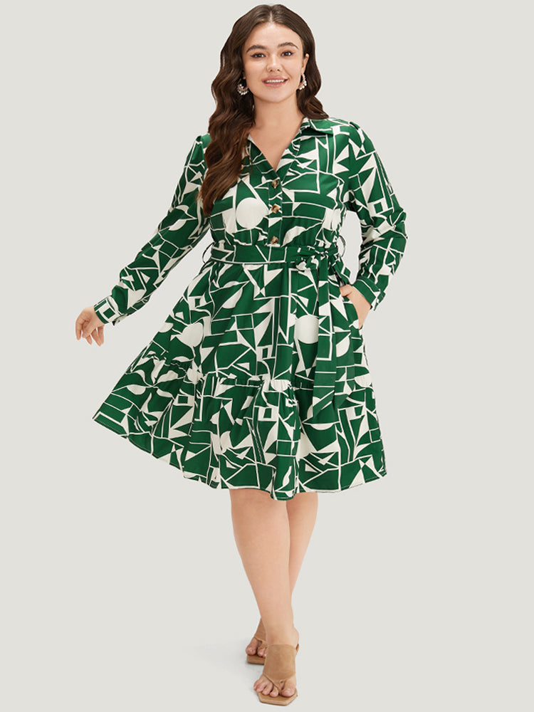 Geometric Shirt Collar Belted Pocket Flutter Dress