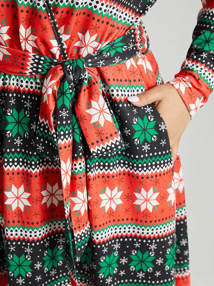 Snowflake Print Contrast Belted Surplice Neck Dress