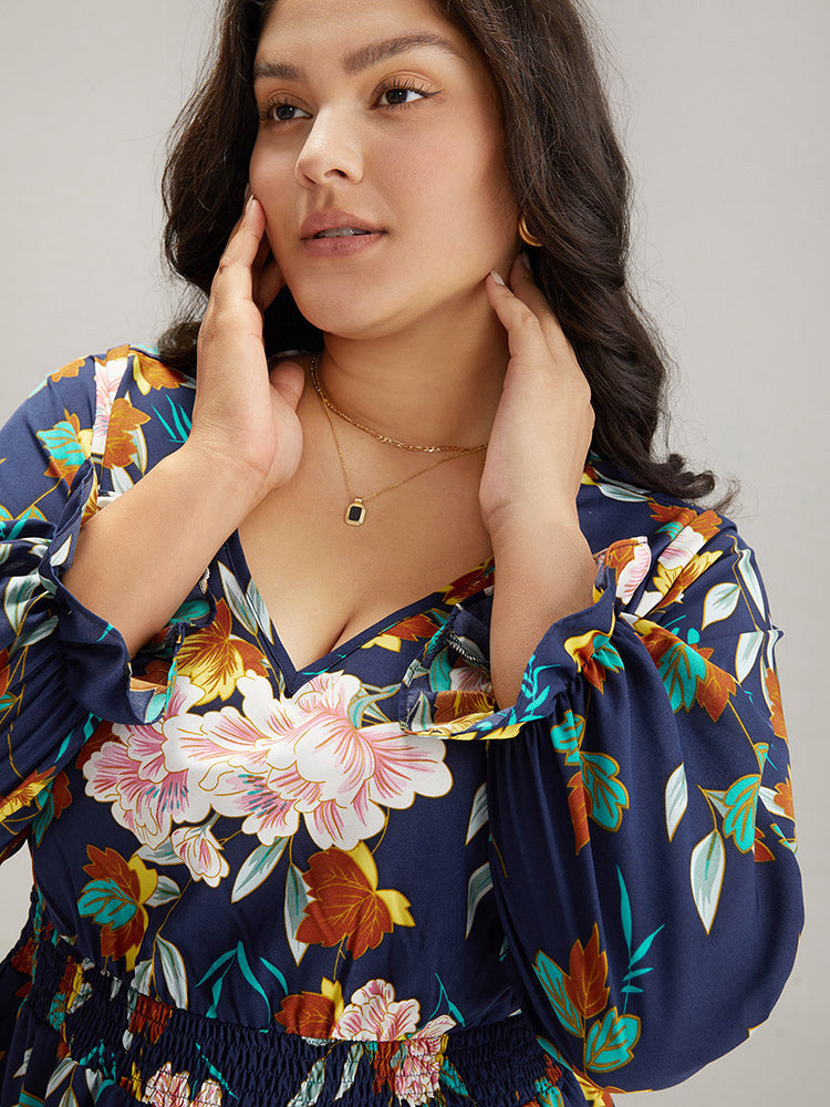 Floral Print Split Side Ruffle Trim Dress