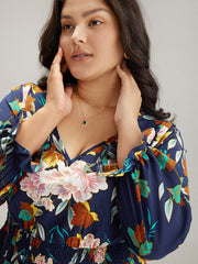 Floral Print Split Side Ruffle Trim Dress