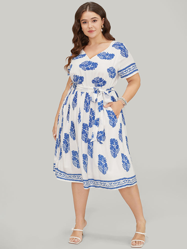 Floral Print Pocket Belted Ruffle Hem Knee Dress