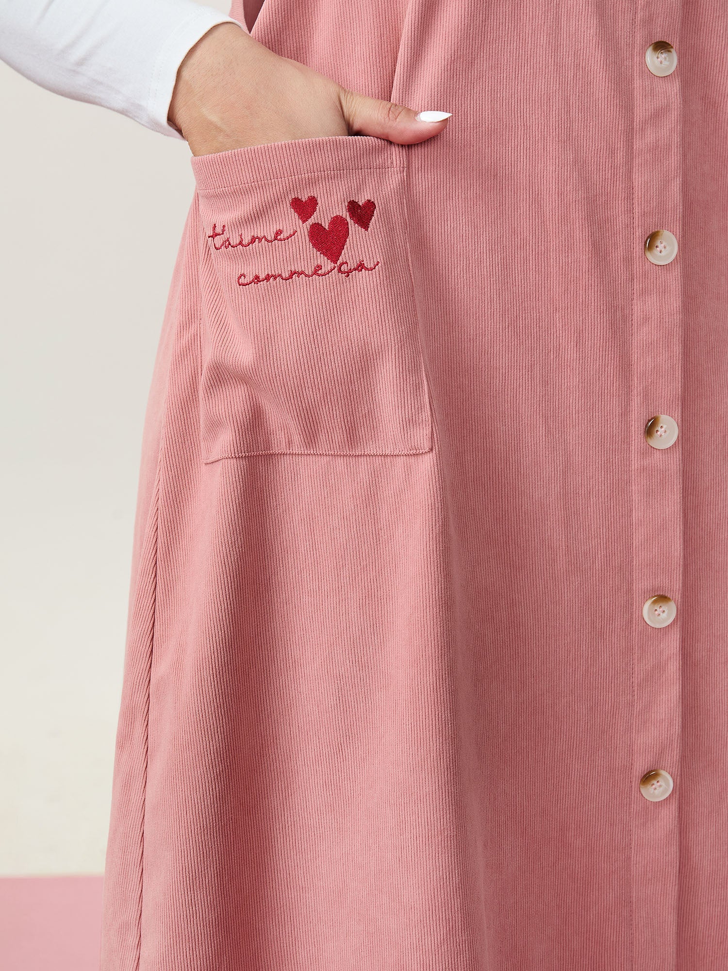 Heart Embroidered Pockets Adjustable Overall Dress