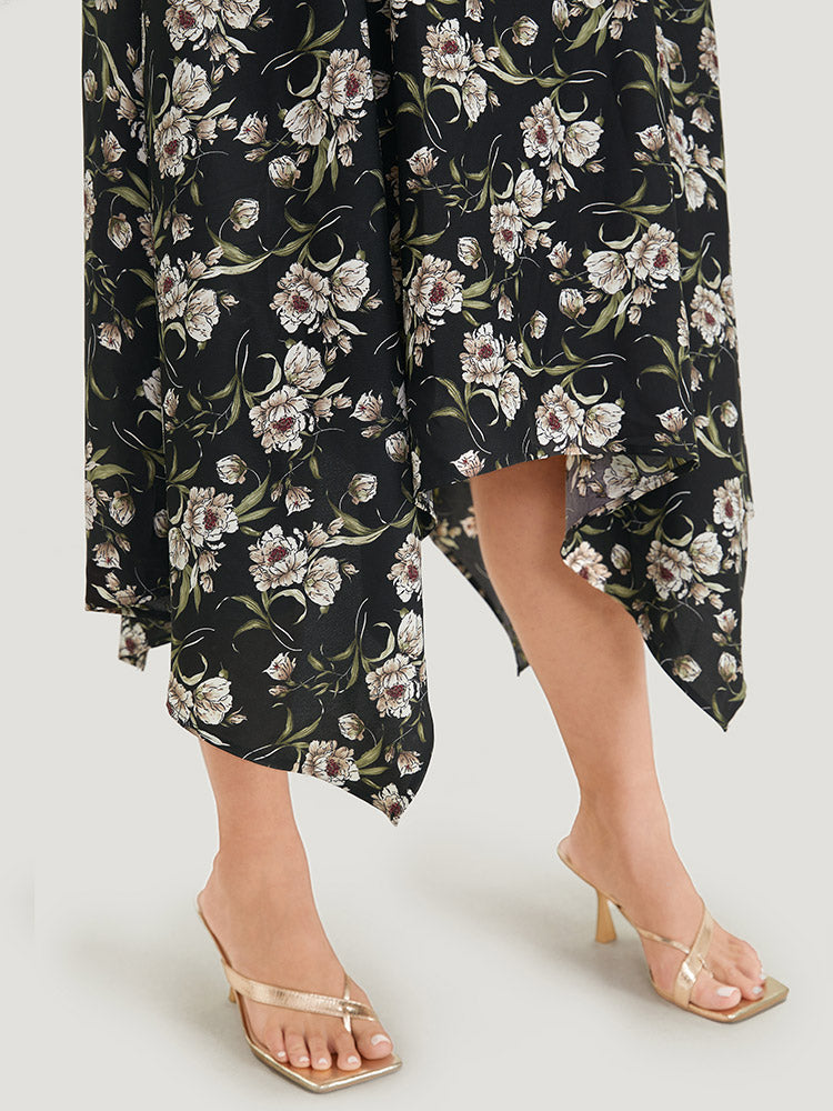 Floral Print Pocket Elastic Waist Hanky Hem Skirt