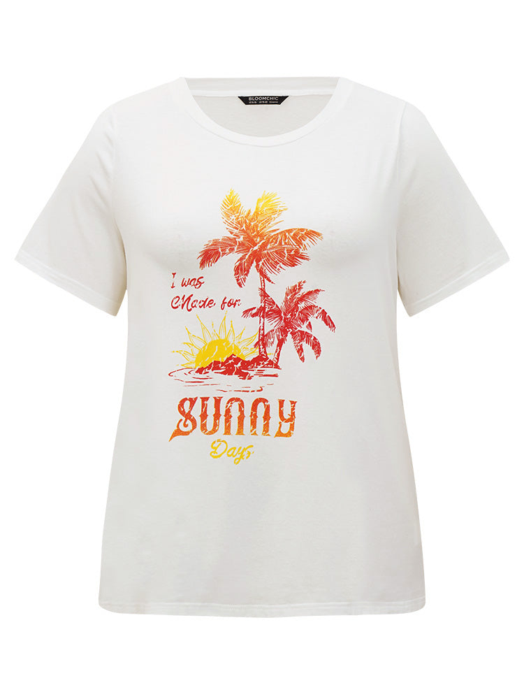 Coconut Tree & Letter Print Drop Shoulder T-shirt