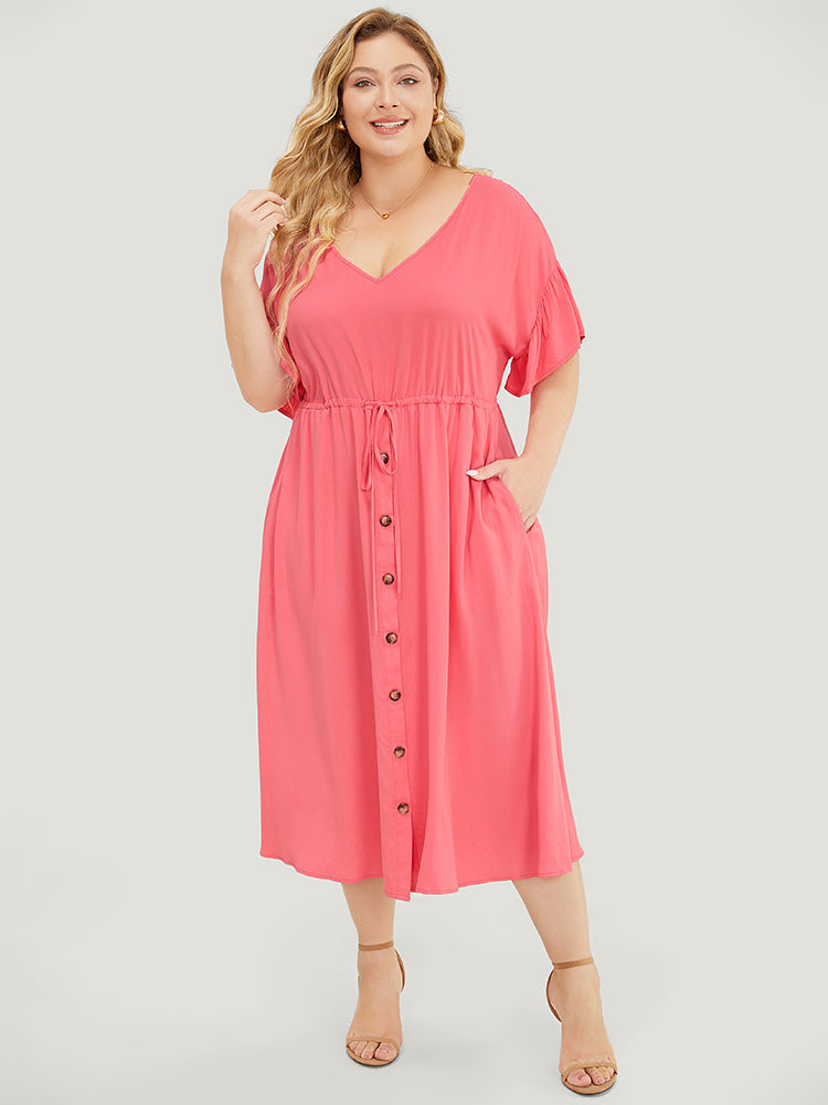 Solid Flutter Sleeve Button Detail Pocket Drawstring Dress