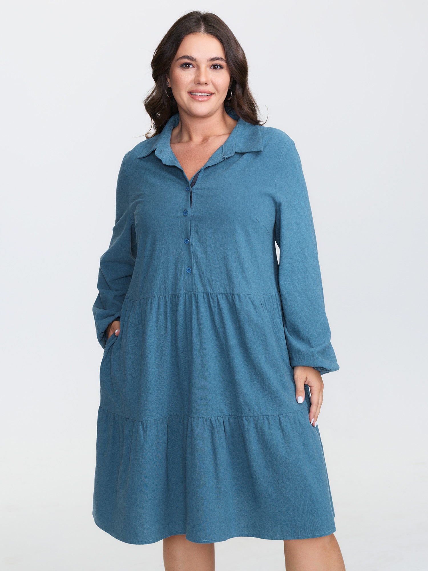 Shirt Collar Button Side Pockets Midi Dress