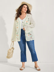 Floral Embroidery Flared Sleeve Knit Cardigan