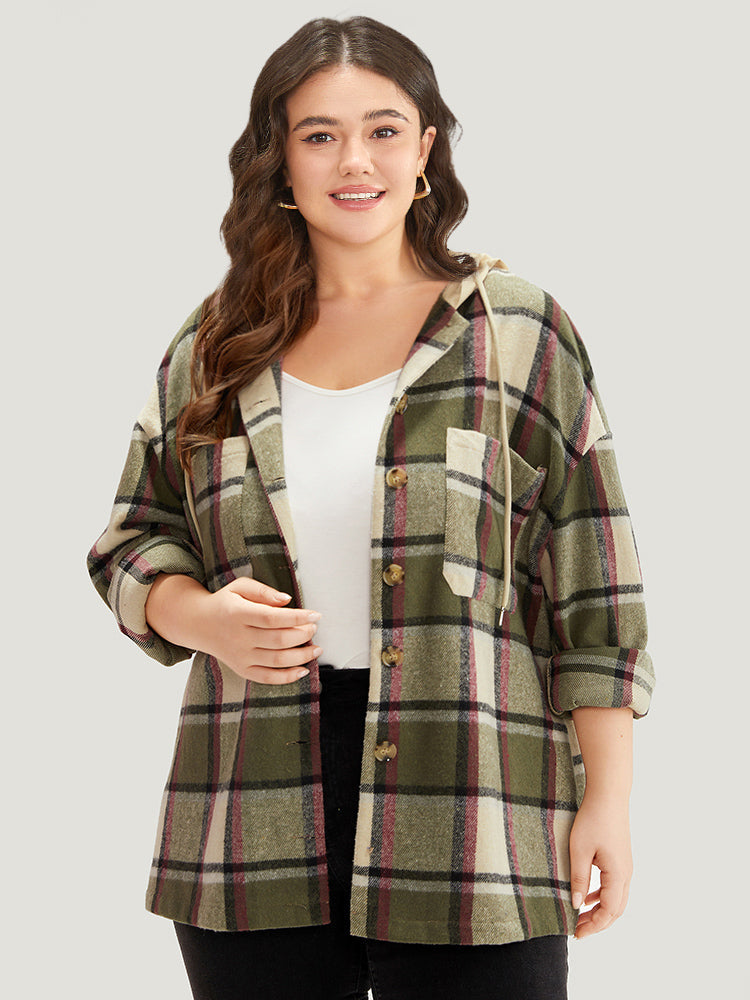 Plaid Hooded Drawstring Pocket Coat