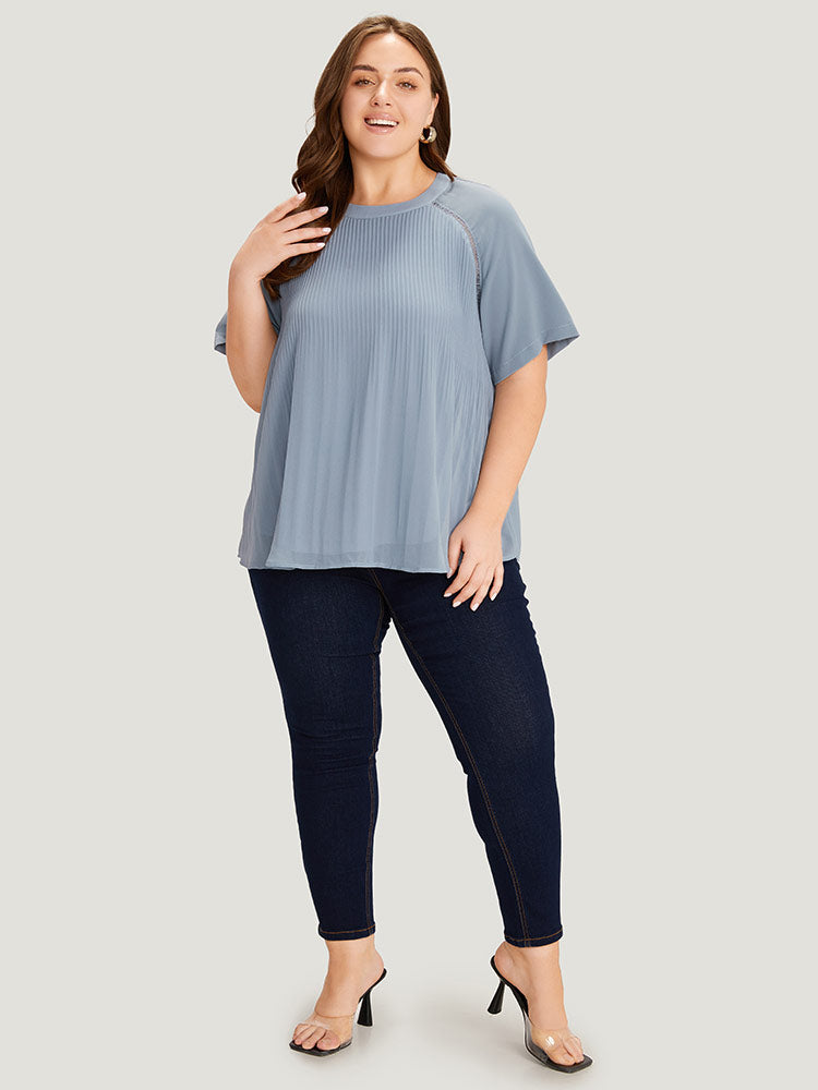 Solid Pleated Raglan Sleeve Patchwork Blouse