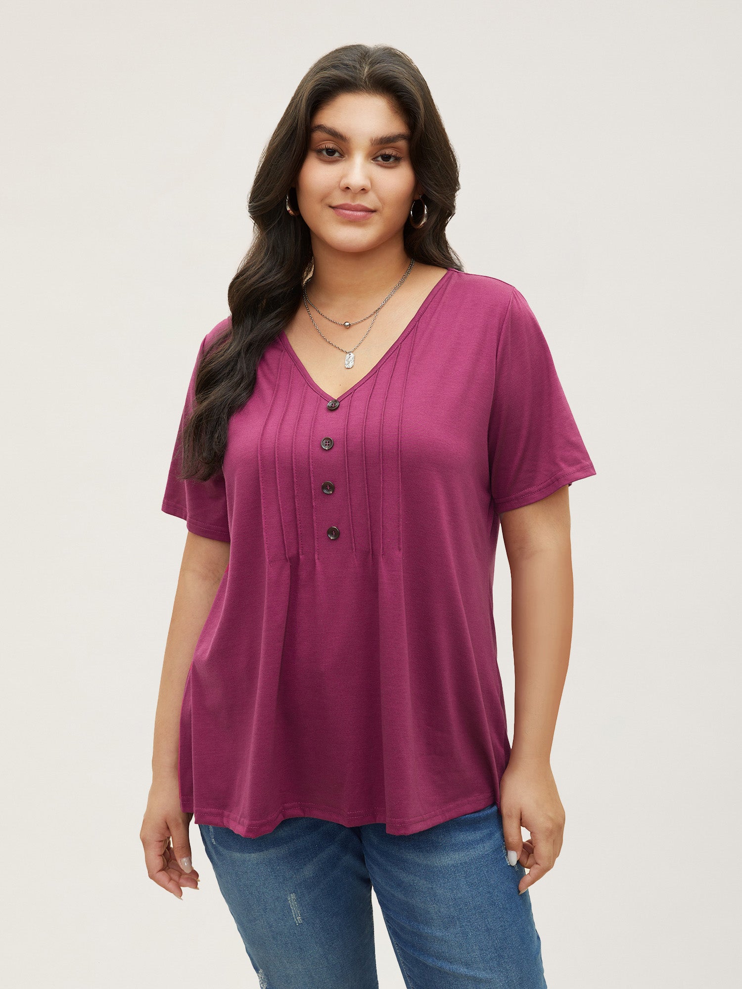 Solid Pleated Front Button Detail V Neck T-shirt