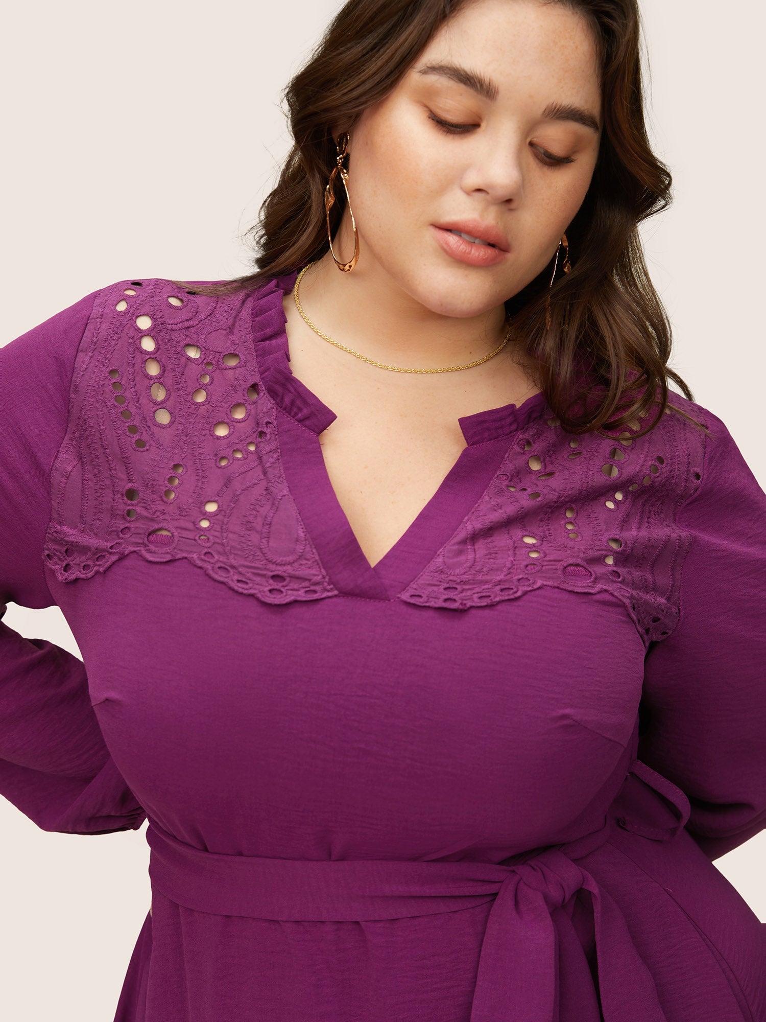 Solid Lace Panel Cut Out Belted Gathered Dress