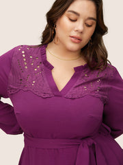 Solid Lace Panel Cut Out Belted Gathered Dress