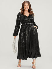 Solid Lantern Sleeve Pocket Wrap Sequin Maxi Dress