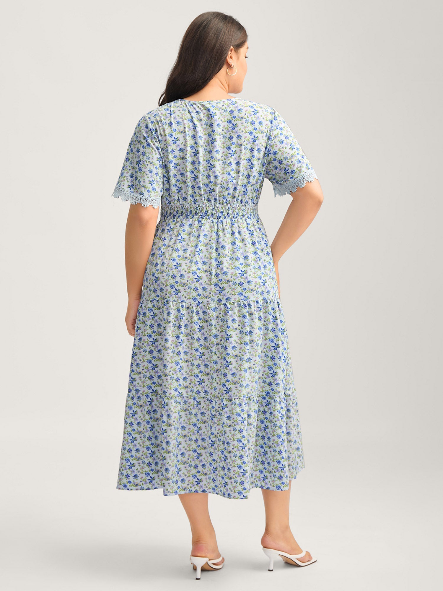 Floral Print Lace Tiered Midi Dress