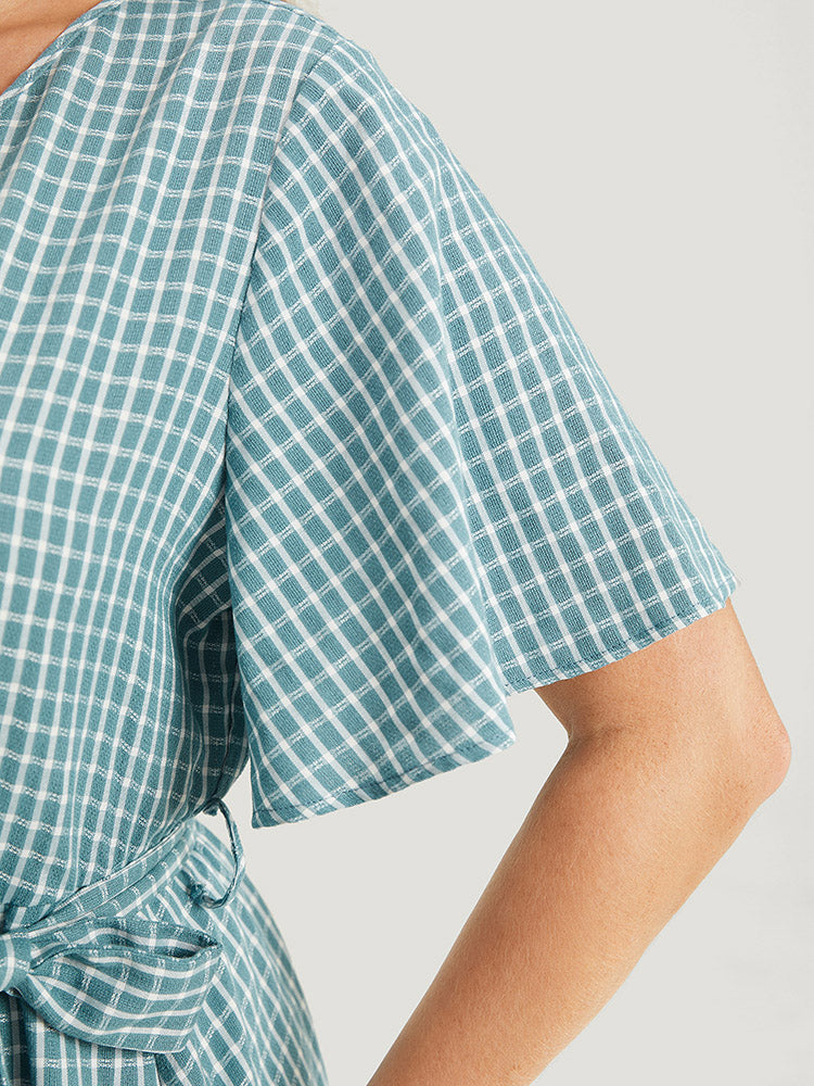 Gingham Pocket Belted Ruffle Trim Surplice Neck Dress