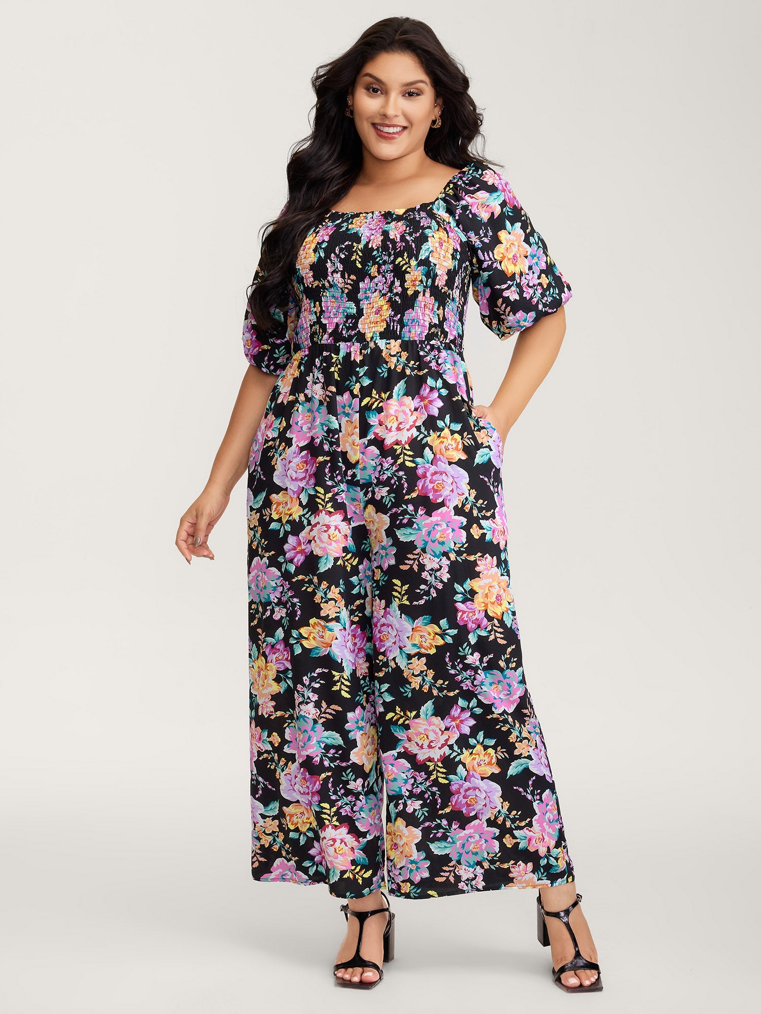 Floral Print Bust-Ease Shirred Jumpsuit