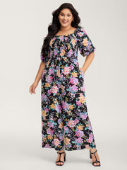 Floral Print Bust-Ease Shirred Jumpsuit